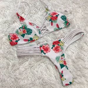 Flower White Bikini Two Piece Swimsuit.